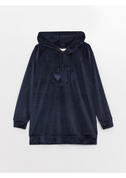 Yeni Sezon Kapüşonlu Nakışlı Uzun Kollu Kadife Kadın Pijama Üst