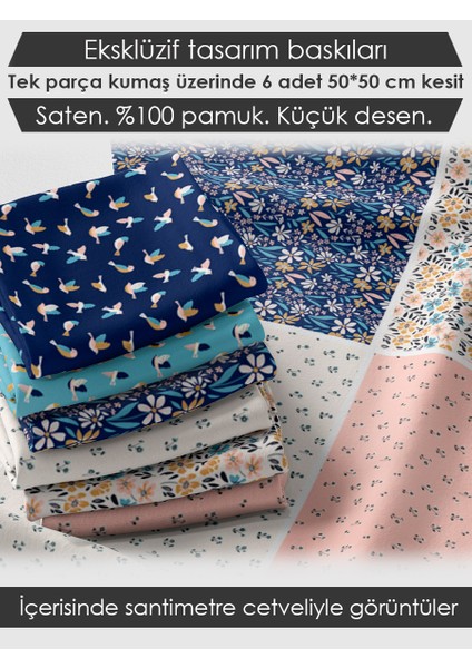 %100 Pamuk Saten Kumaş Panel – 6 Desenli Dijital Baskılı Tek Parça Patchwork Kumaş | 140 G/m², 155×100 cm