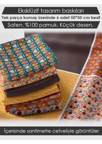 %100 Pamuk Saten Kumaş Panel – 6 Desenli Dijital Baskılı Tek Parça Patchwork Kumaş | 140 G/m², 155×100 cm