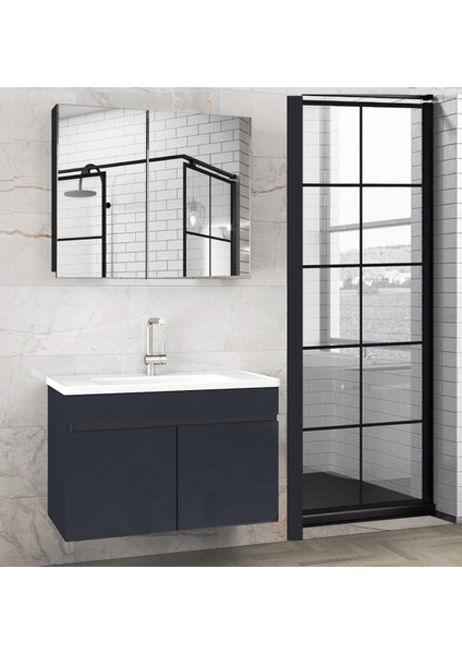 Viola1 Siyah 65 cm Ayna Dolaplı Seramik Lavabolu Mdf Banyo Dolabı Seti--Hazır Kurulu