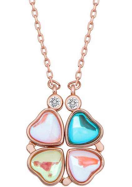 925 Ayar Gümüş Rose Renkli Açılabilen Yonca Kadın Gümüş Kolye