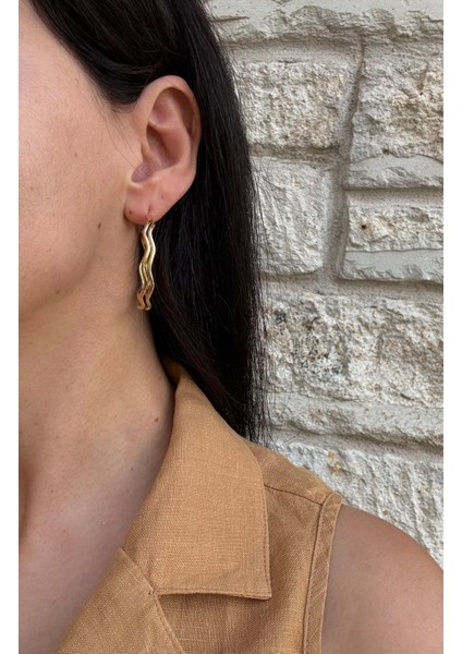 Ikili Dalga Model Büyük Çelik Gold Halka Küpe