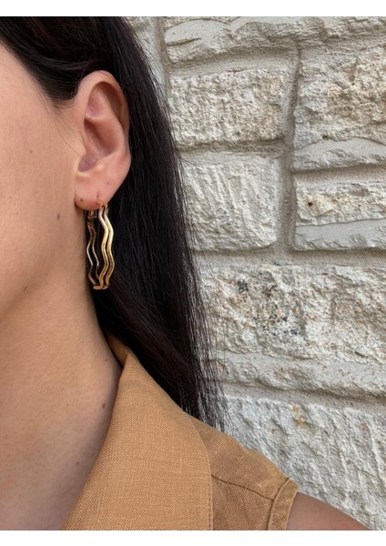 Ikili Dalga Model Büyük Çelik Gold Halka Küpe fiyatları