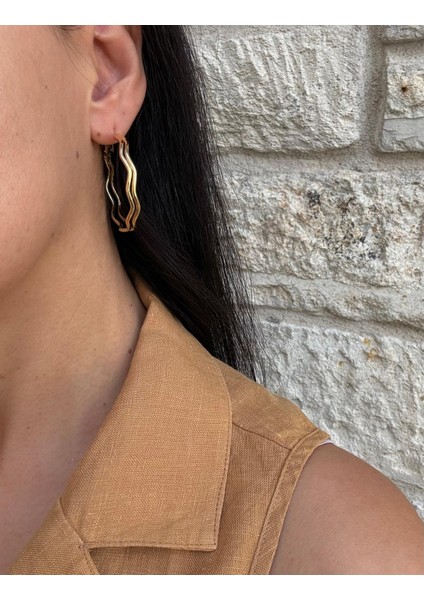 Ikili Dalga Model Büyük Çelik Gold Halka Küpe indirimleri