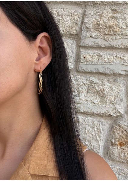 Ikili Dalga Model Büyük Çelik Gold Halka Küpe