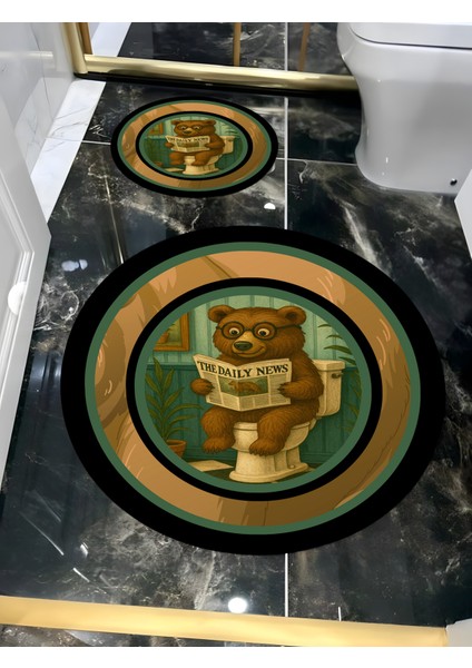 Renkli Yuvarlak Banyo ve Tuvalet Paspası, Sevimli Ayı Motifli, Modern Tasarım