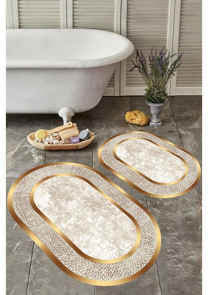 Kaymaz Tabanlı Yıkanabilir Toz ve Leke Tutmaz Oval Banyo Paspas Seti