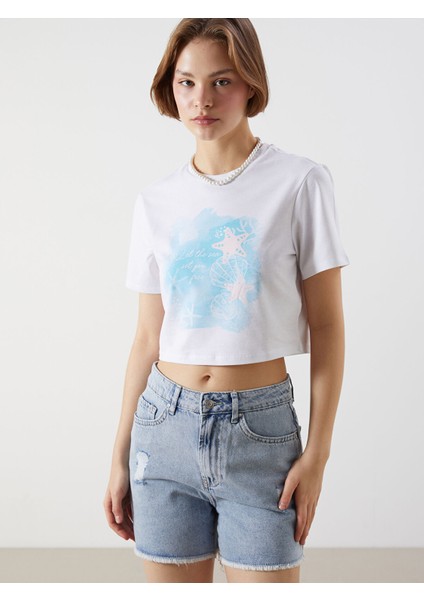 Yeni Sezon Bisiklet Yaka Baskılı Kadın Crop