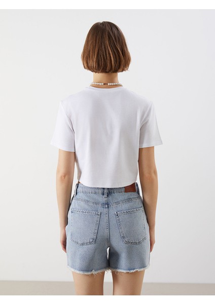 Yeni Sezon Bisiklet Yaka Baskılı Kadın Crop fırsatları