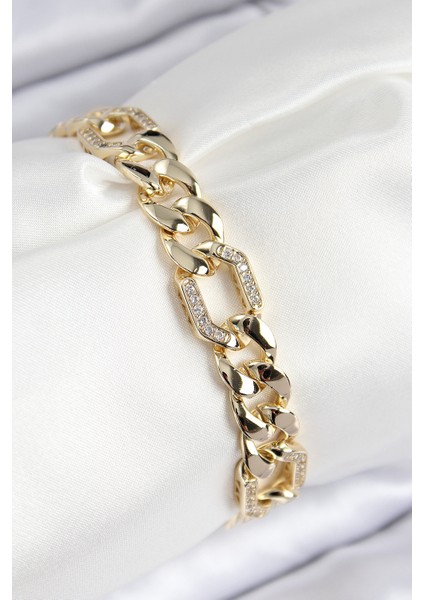Vıp Pirinç Zirkon Taşlı Parçalı Zincir Model Gold Renk Kadın Bileklik - Lisinya