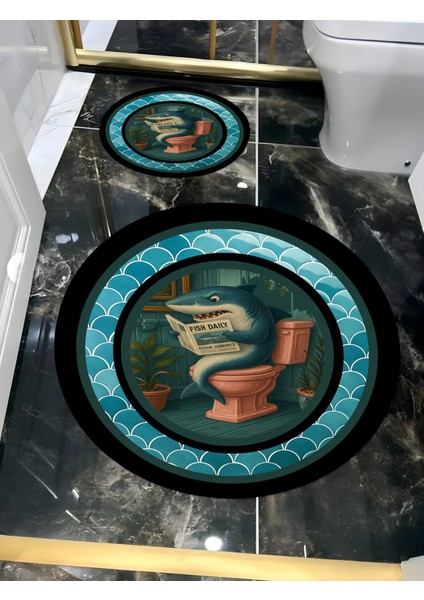 Çok Renkli Yuvarlak Banyo ve Tuvalet Paspası, Köpek ve Balık Motifli Modern Tasarım