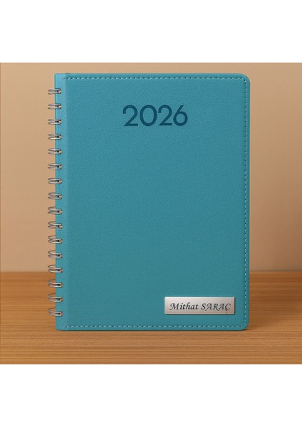 Kişiye Özel 2026 Tarihli Gizli Spiralli Turkuaz Ajanda ve Kalem Seti