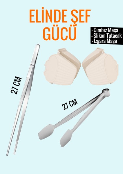 Profesyonel 3’lü Mutfak Seti: Izgara Maşası, Master Chef Cımbız Maşa ve Slikon Fırın Eldiven
