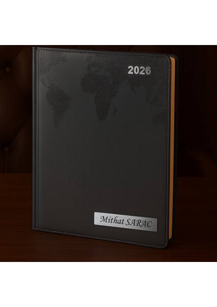 Isme Özel Siyah Dünya Baskılı Ajanda 2026 Tarihli - Isme Özel Kalem Hediyeli