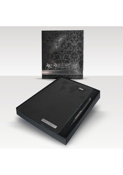 Kişiye Özel Kutulu 17X 24 cm 2026 Tarihli Dünya Baskılı Siyah Ajanda ve Kalem Seti