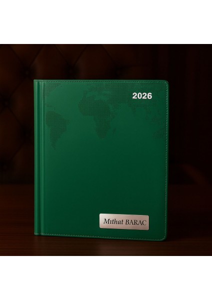 Isme Özel Yeşil Dünya Baskılı Ajanda 2026 Tarihli - Isme Özel Kalem Hediyeli