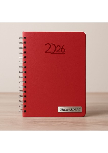 Kişiye Özel 2026 Tarihli Spiralli Kırmızı Ajanda ve Kalem Seti