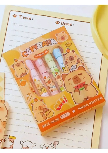 Capybara Kapibara 6'lı Fosforlu Kalem Seti Özel Kutulu