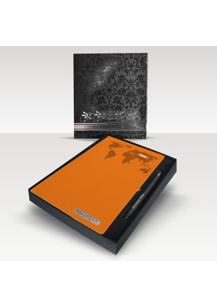 Kişiye Özel Kutulu 17X 24 cm 2026 Tarihli Dünya Baskılı Turuncu Ajanda ve Kalem Seti