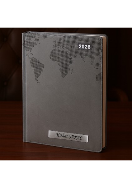 Isme Özel Gri Dünya Baskılı Ajanda 2026 Tarihli - Isme Özel Kalem Hediyeli