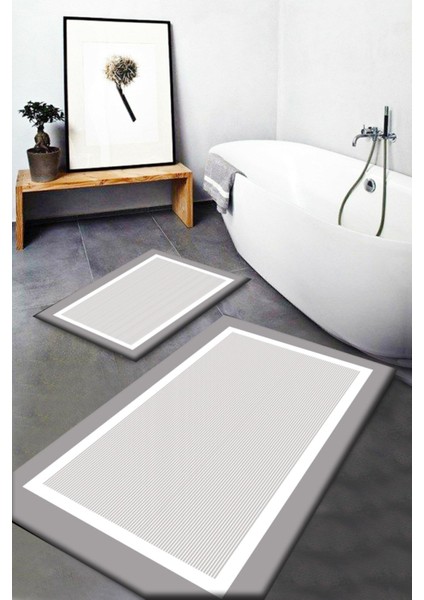 Gri Beyaz Desenli Yıkanabilir Kaymaz Tabanlı 2'li Banyo Halısı Takımı