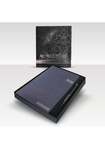 Kişiye Özel Kutulu 17X 24 cm 2026 Tarihli Gri Yaldız Baskılı Ajanda ve Kalem Seti