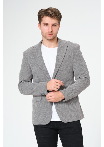 Erkek Slim Fit Blazer Ceket Gri Siyah Desenli