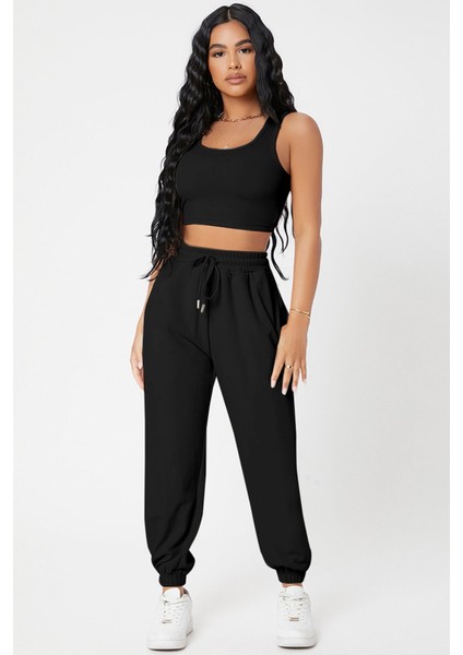 Kadın Siyah Kaşkorse Cepli Jogger Eşofman Altı ve Crop Top Bluz