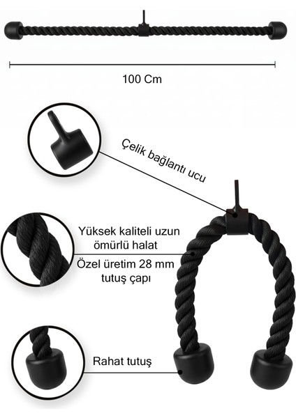 100 Cm 28mm Kalın Profesyonel Triceps Halatı - Rope Pushdown - Cable Egzersiz Aparatı fiyatları