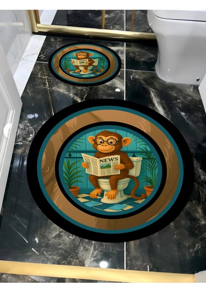 Renkli Yuvarlak Banyo ve Tuvalet Paspası, Gazete Okuyan Maymun Motifi