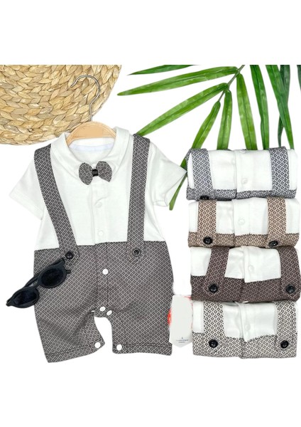 3-6-9-12 Ay Papyon Detaylı Piti Kare Baskılı Salopet Görünümlü Erkek Bebek Tulumu