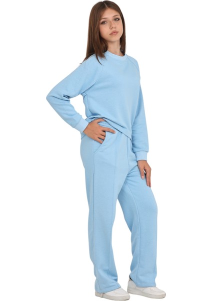 Kız Çocuk Palazzo Pantolon Beli Lastikli 3 Iplik Pamuklu Reglan Kol Okul Eşofman Takımı