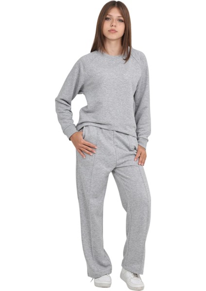 Kız Çocuk Palazzo Pantolon Beli Lastikli 3 Iplik Pamuklu Reglan Kol Okul Eşofman Takımı