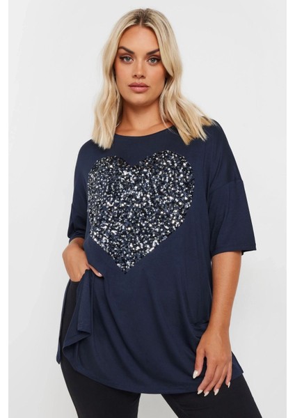 Büyük Beden Bisiklet Yaka Yarım Kollu Payet Süslemeli Yırtmaçlı Bluz 303543