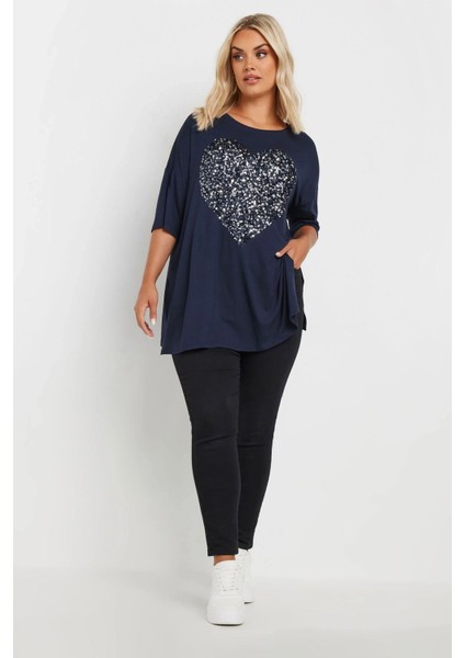 Büyük Beden Bisiklet Yaka Yarım Kollu Payet Süslemeli Yırtmaçlı Bluz 303543 fiyatları