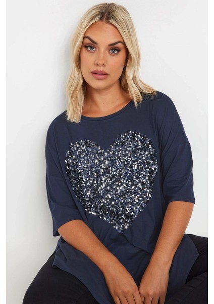 Büyük Beden Bisiklet Yaka Yarım Kollu Payet Süslemeli Yırtmaçlı Bluz 303543 fırsatları