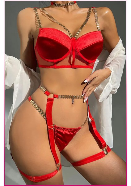 Kırmızı Merdüven Zincirli Göğüs Balenli Kadın Seksi Jartiyer Takım