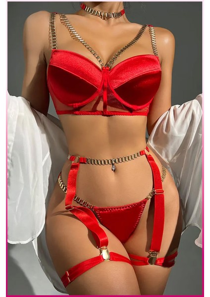 Kırmızı Merdüven Zincirli Göğüs Balenli Kadın Seksi Jartiyer Takım modelleri
