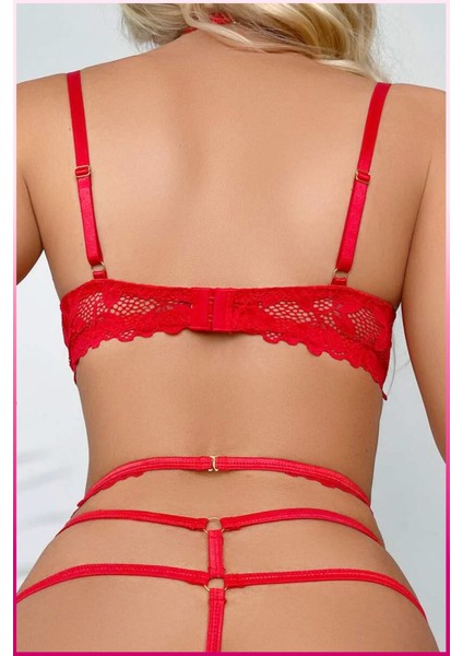 Kırmızı Göğüs Balenli Dantelli Zincir Detaylı Seksi Jartiyer Takım fırsatları
