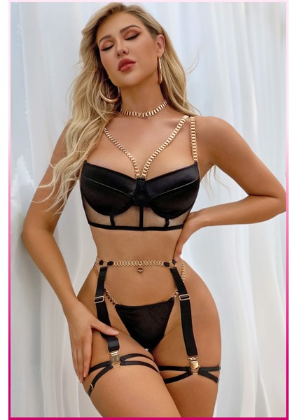 Siyah Merdüven Zincirli Göğüs Balenli Kadın Seksi Jartiyer Takım indirimleri