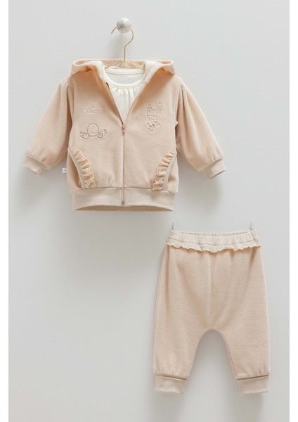 Mıld Castle Fırfır Detaylı Kapüşonlu Kadife Üçlü Alt Üst Takım - Caramell - TKK2145 - Bej - 3 - 6 Ay - TKK2145-BEJ-3 - 6 Ay Bej