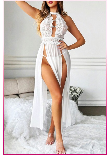 Beyaz Kalp Aksesuarlı Tül Etekli Kadın Seksi Gecelik modelleri