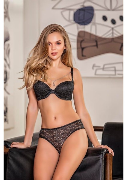Simli Zincir Detaylı Sütyen String Takım Siyah (TRK31552)