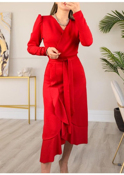 Krep Kumaş Midi Boy Kuşaklı Uzunkol Elbise indirimleri