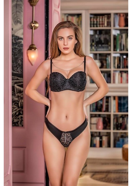 Simli Straplez Lotus Sütyen ve Slip Külot Takım Siyah (TRK31541)