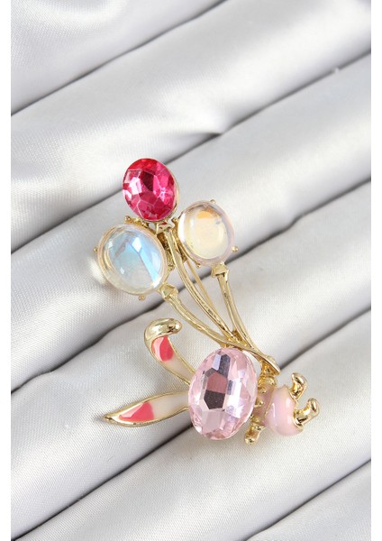 Zirkon Taşlı Balonlu Pembe Tavşan Figürlü Gold Renk Kadın Broş - Lisinya