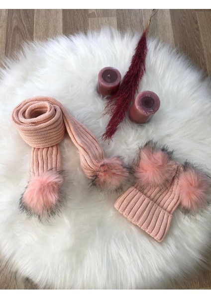 Kız Bebek Çift Ponponlu Atkı Bere Takımı 4/14 Yaş fiyatları