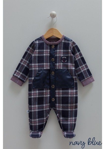 Erkek Bebek Ekose Desenli Patikli Tulum %100 Pamuk (1-12 Ay) Sonbahar / Kış