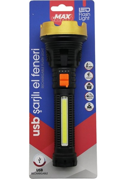 ORTA=19CM 2in1= Osl LED - Cob LED USB Şarjlı El Feneri 3-Kademe Işık - Flaşör Şarj Gösterge (4887)