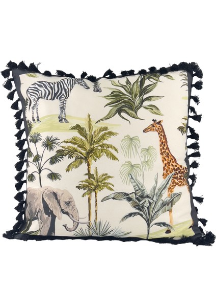 Safari Serisi Jungle Parade Püsküllü Kırlent Kılıfı 42X42 cm | Tropikal & Safari Hayvanları Desenli Yastık